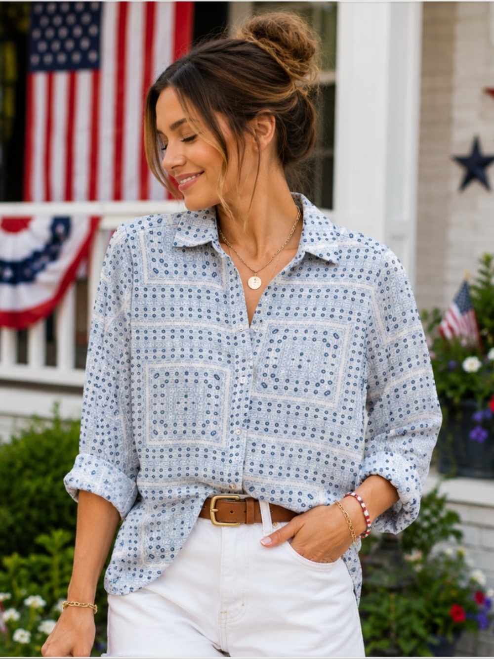 Rose & Olive Blue Bandana Print Button Down Blouse Western Rodeo Layering Top